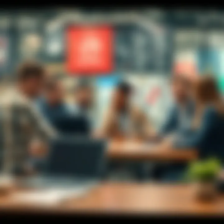 A diverse marketing team gathered around a table with laptops and notes, discussing new advertising ideas for a prominent chain.