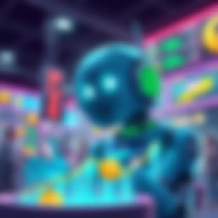 Marketmaker Bot Generating Tokens A digital illustration of a marketmaker bot actively creating and promoting tokens with animated graphics of currency symbols and upward trends in a busy digital marketplace.