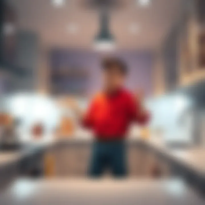 Marty standing in a bright kitchen pointing at features, with shelves and utensils around him