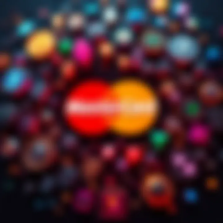 MasterCard logo surrounded by various cryptocurrency symbols, highlighting recent partnerships with crypto companies, excluding Hedera.