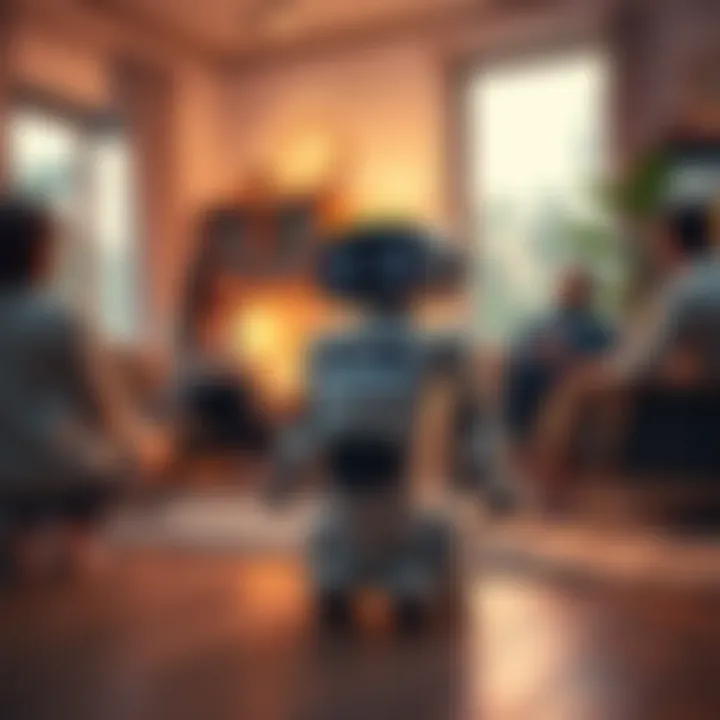 A Matic robot placed in a living room with a cozy atmosphere, surrounded by people discussing its performance and reliability issues.