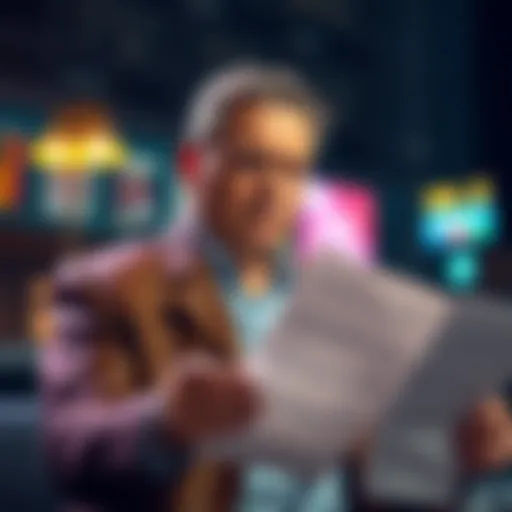 Local mayor looking concerned while reviewing documents related to badge purchases and credits