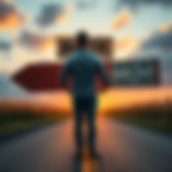 Mayor Decision A person standing at a crossroads holding a sign with one direction pointing to a mayor's office and another pointing to parcels of land for sale.