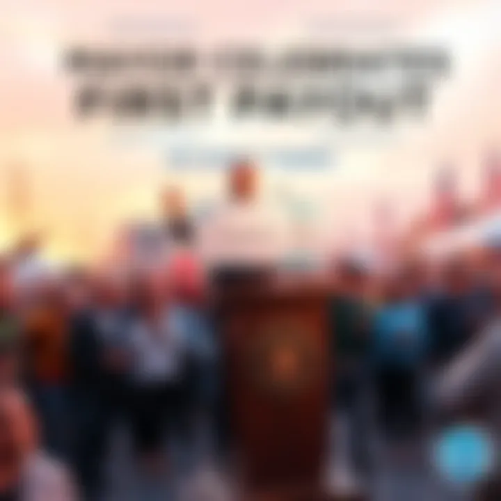 The mayor stands proudly at a podium, smiling, holding a check representing the first payout. A crowd gathers to celebrate this achievement in the town square.