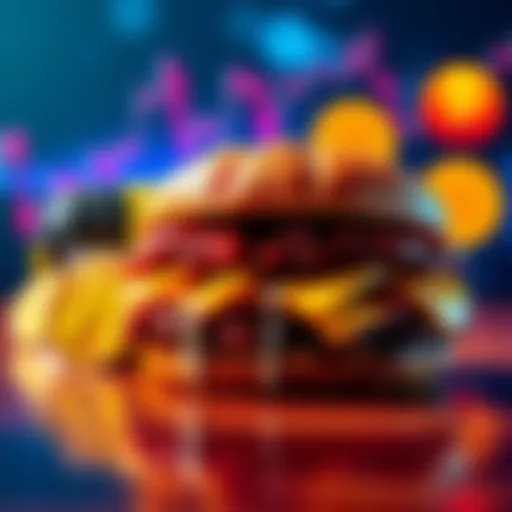 A McRib sandwich alongside Bitcoin symbols representing price trends.