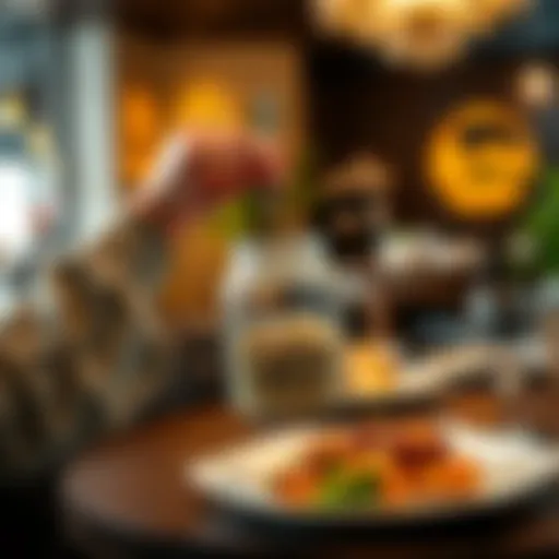 A person choosing a savings jar over a fancy meal at a restaurant, symbolizing financial choices for a secure future.