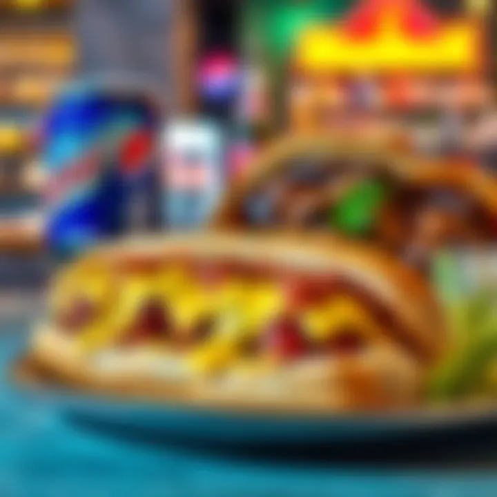 A meatball sub with melted cheese next to a Philly cheesesteak, served with a Mountain Dew and Pepsi, and a side of Atlas Bucks.