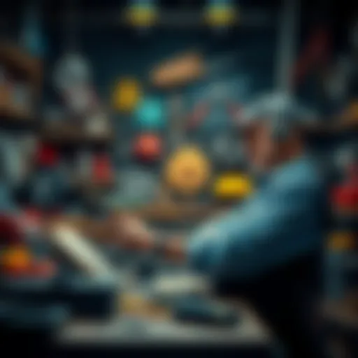 A mechanic discussing BIP110 and chainsplit implications in a workshop setting, surrounded by tools and blockchain graphics.