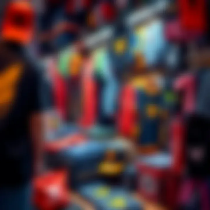 Colorful clothing and accessories featuring MegaETH logos and designs at a vibrant market stall.