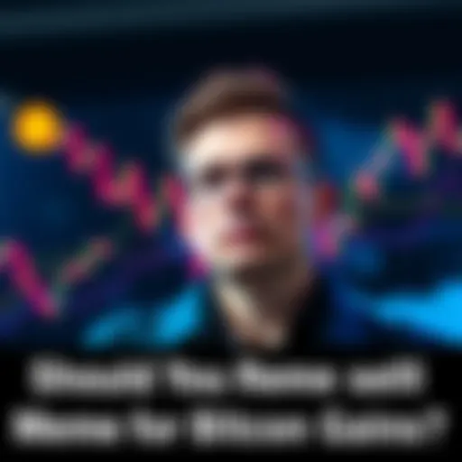 A person contemplating selling meme coins to invest in Bitcoin, with graphs showing cryptocurrency trends in the background