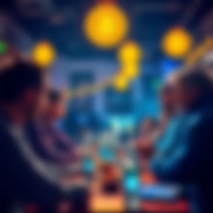 A group of people discussing and sharing ideas about meme coins at a vibrant community meetup.