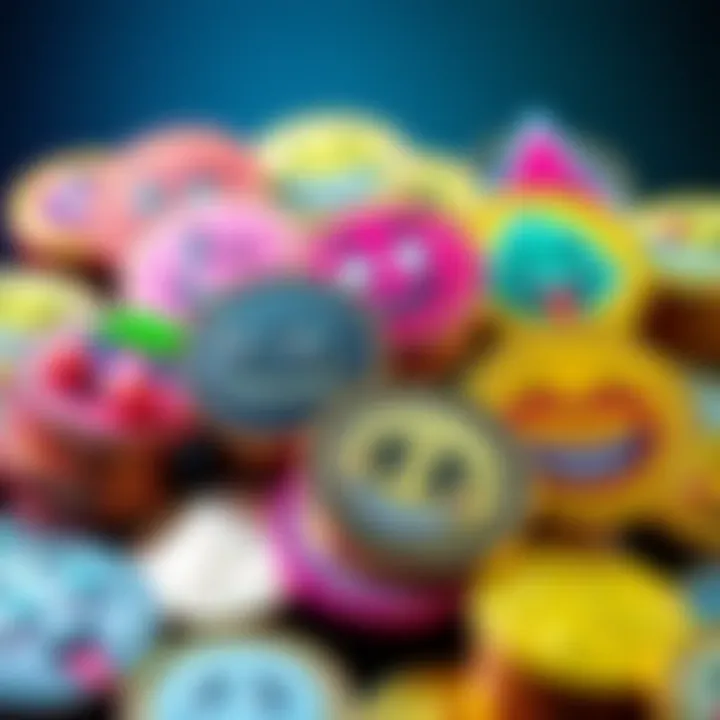 Colorful coins featuring popular meme characters, representing the concept of meme coins in cryptocurrency.