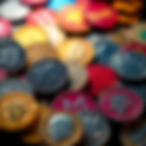 A display of colorful meme coins featuring popular internet characters and symbols.