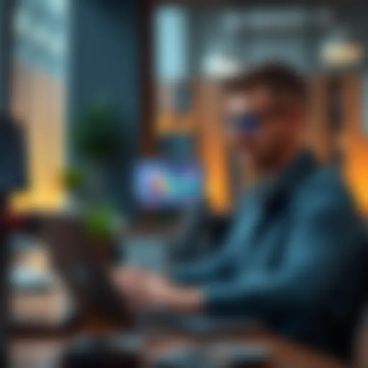 A memecoin developer analyzing market trends on a laptop in a modern office