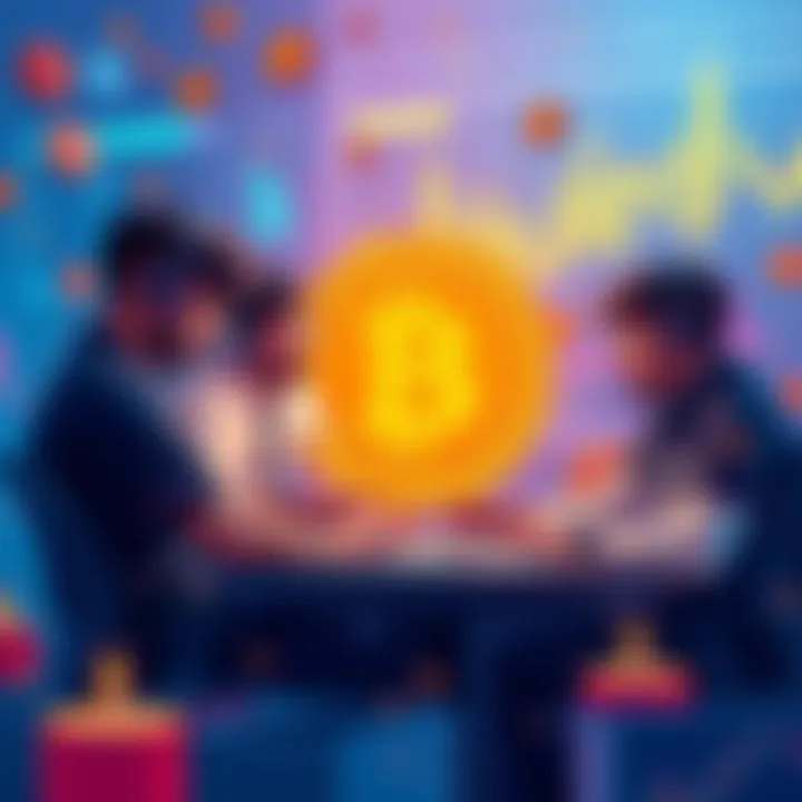 Group of developers collaborating on memecoin projects, surrounded by digital currencies and charts, showcasing a vibrant crypto environment.