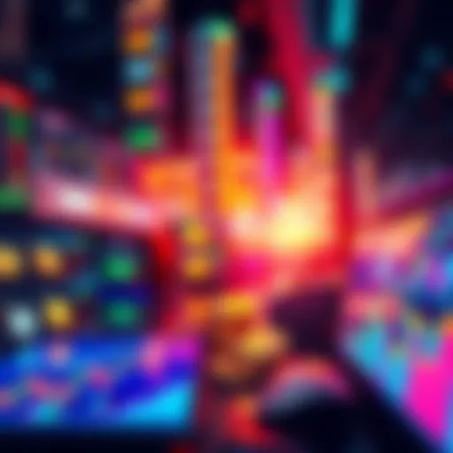 A colorful digital marketplace showcasing various memecoins with charts and graphs indicating trading trends and growth.