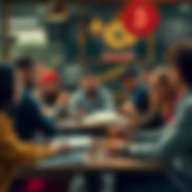A group of diverse people discussing memecoins at a café, with charts and notes around them, emphasizing community and collaboration in crypto investing.