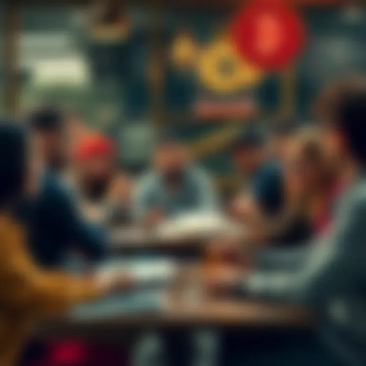 Memecoins and Community A group of diverse people discussing memecoins at a cafΓ©, with charts and notes around them, emphasizing community and collaboration in crypto investing.
