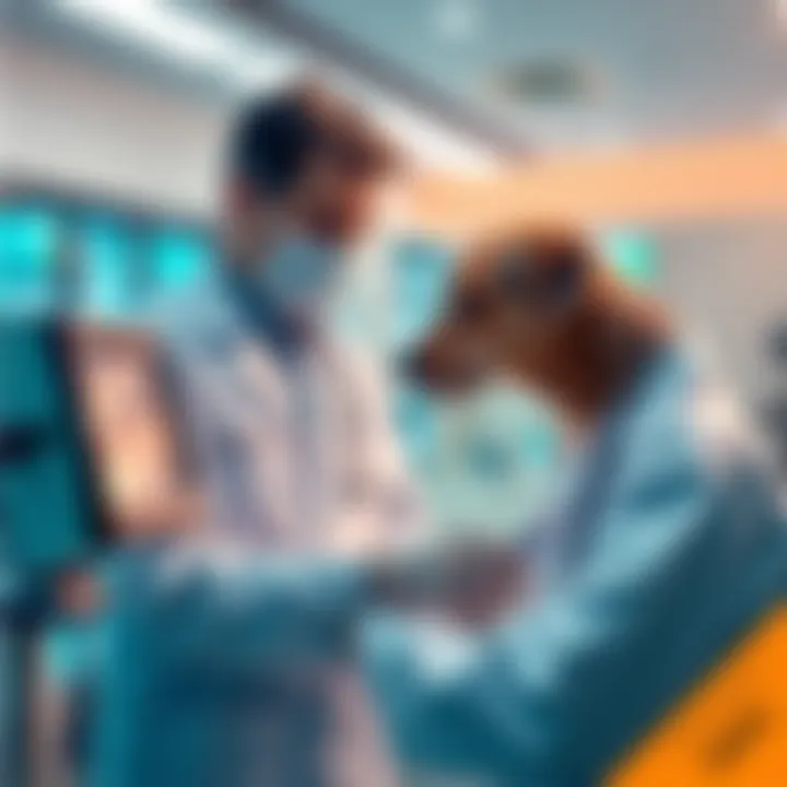 A veterinarian using advanced technology for animal health care with TARGAN and Hedera systems in a modern clinic setting.