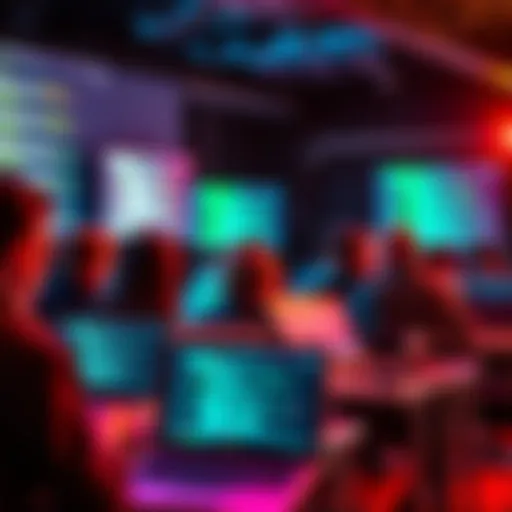 Participants coding live at the Mesh Live-coding event with laptops and screens showing code