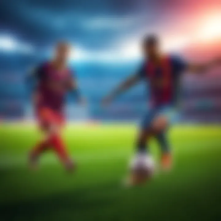 A soccer field with Messi and Dembele in action, showcasing their skills during a match.