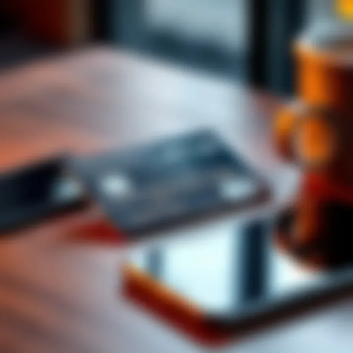 A close-up of a shiny metal credit card with a modern design, showcasing its durability and stylish look, placed on a wooden table beside a smartphone and a coffee cup.