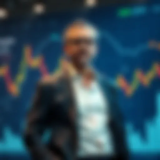 Michael Saylor stands confidently with Bitcoin charts in the background, illustrating his recent $1.28 billion investment despite market losses.