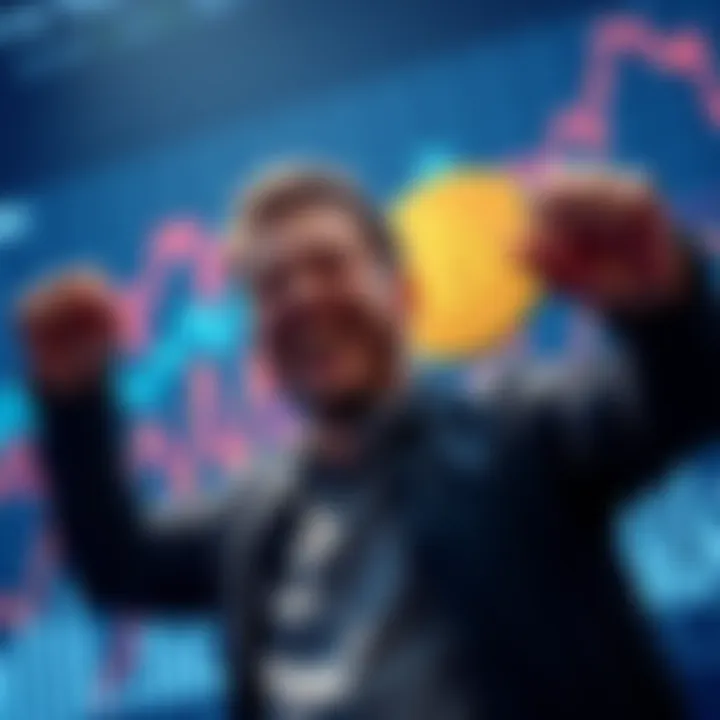 Michael Saylor celebrating after buying over 1,000 Bitcoin, with graphs showing rising cryptocurrency trends in the background.