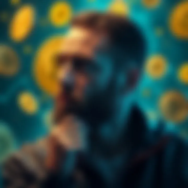 Michael Saylor looking thoughtful with Bitcoin symbols around him