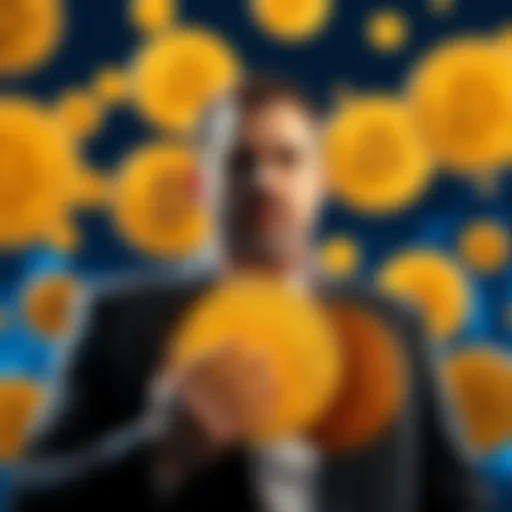 Michael Saylor stands with Bitcoin symbols around him, symbolizing his significant investment and the high stakes of his strategy.