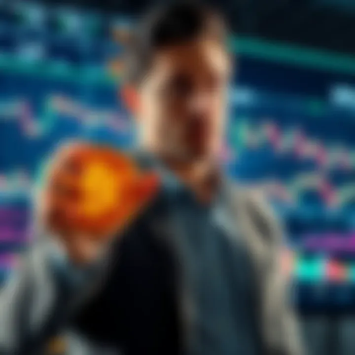 Michael Saylor holding a Bitcoin symbol while analyzing financial charts on a screen, representing his BTC strategy