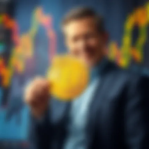 Michael Saylor confidently holding a Bitcoin while surrounded by falling stock charts