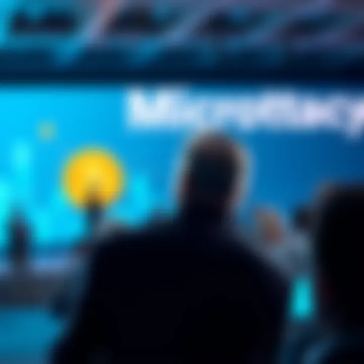 Michael Saylor speaking at a conference, with a MicroStrategy logo in the background and an audience in focus