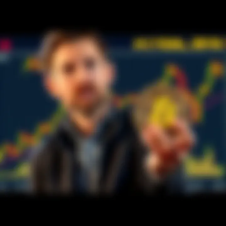 Michael Saylor stands in front of a Bitcoin chart showing a recent drop, holding a Bitcoin in hand with a surprised expression.