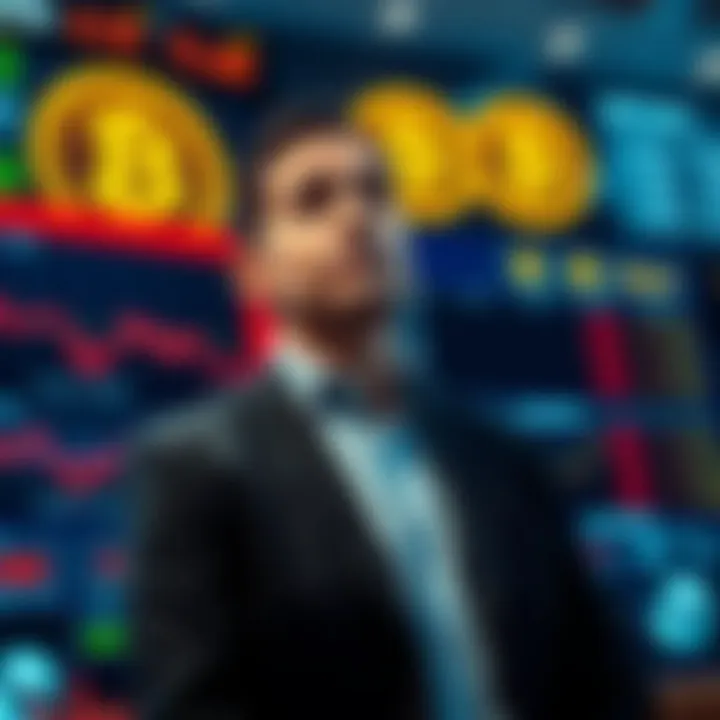 Michael Saylor standing in front of a stock market screen, looking concerned as stock prices fluctuate. Bitcoin symbols in the background depict uncertainty in cryptocurrency values.