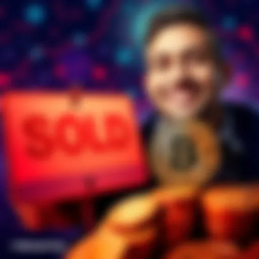 Michael Saylor smiling with Bitcoin coins stacked next to a sold sign