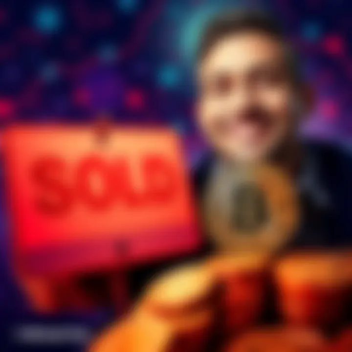 Michael Saylor smiling with Bitcoin coins stacked next to a sold sign
