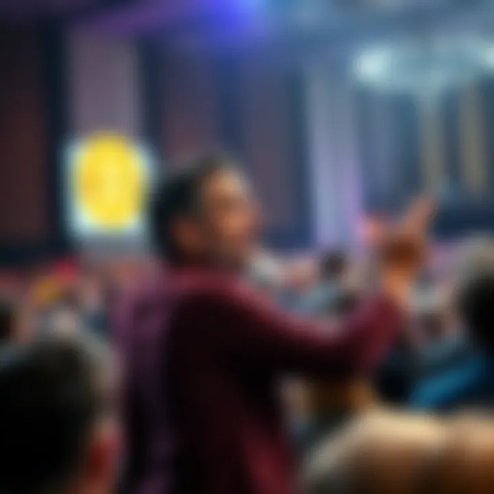 Michael Saylor passionately addressing a crowd about Bitcoin at a conference, highlighting his influence in the cryptocurrency community.