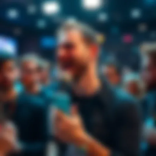 Michael Saylor speaking enthusiastically at a crypto event, surrounded by people showing interest and excitement.