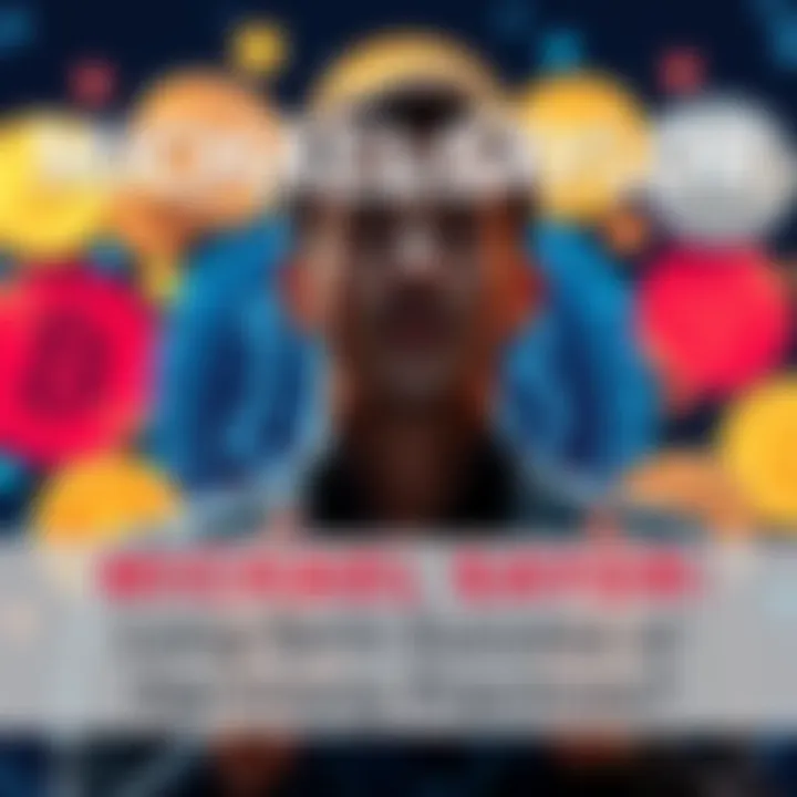 Michael Saylor in front of cryptocurrency symbols Michael Saylor discussing cryptocurrency strategies with coin symbols in the background