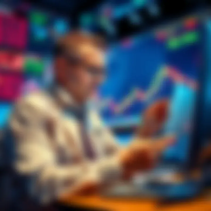 A trader studying market graphs and data, highlighting price fluctuations and investment opportunities.