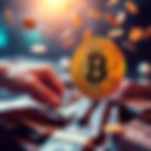 A representation of MicroStrategy's reliance on funding to support its Bitcoin investments, showing money flowing towards a Bitcoin symbol.