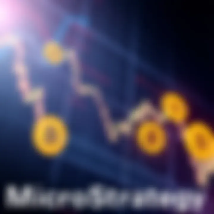 Illustration of a stock market graph showing a downward trend with Bitcoin symbols, representing MicroStrategy's change in strategy regarding Bitcoin sales.