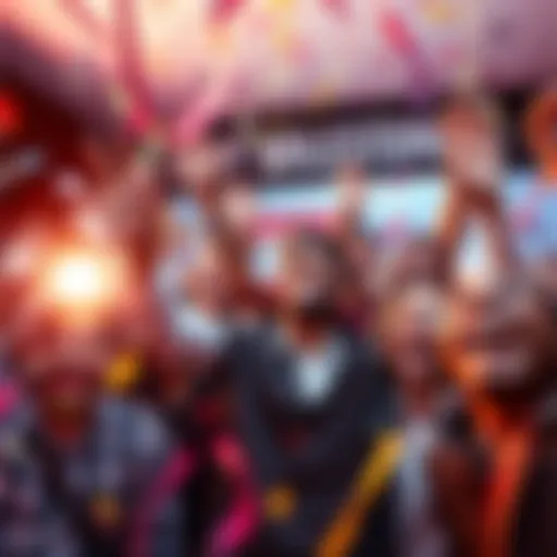 A group of people celebrating reaching a financial milestone with confetti and happy expressions.
