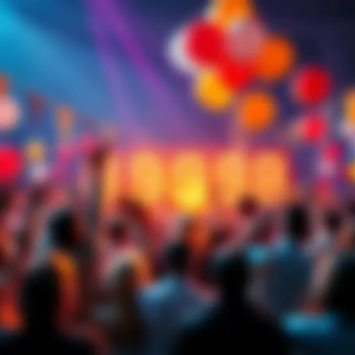 A cheerful crowd celebrates with banners and balloons marking the countdown to a five-digit success milestone. People are excitedly gathering to share their enthusiasm and goals for the future.