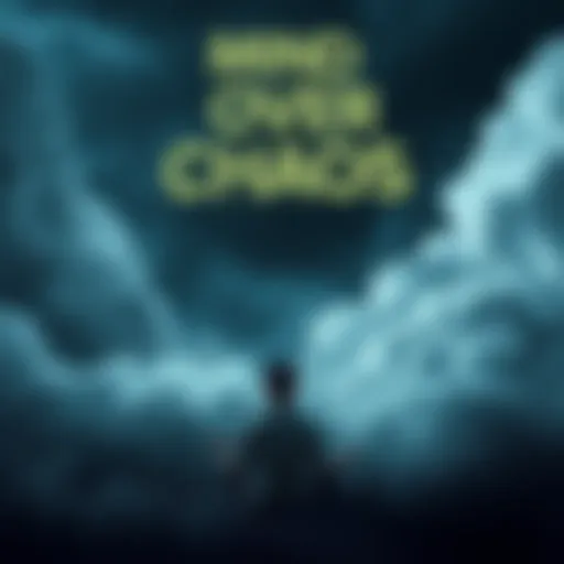 A person sitting cross-legged in meditation surrounded by storm clouds, representing the struggle to find peace amidst mental noise.