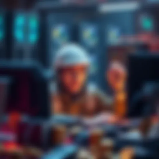 A miner looking stressed while sitting in front of a computer with mining equipment and coins scattered around