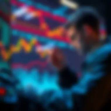 A person examining a miner machine with a bear market graph in the background