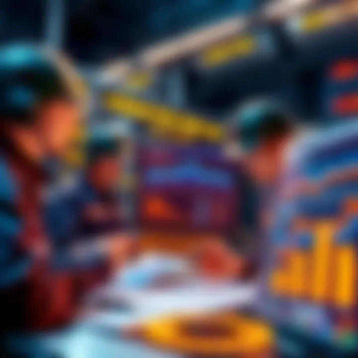 A group of cryptocurrency miners analyzing charts and data on transaction fees and block rewards, with visual graphs showing trends related to Kaspa mining