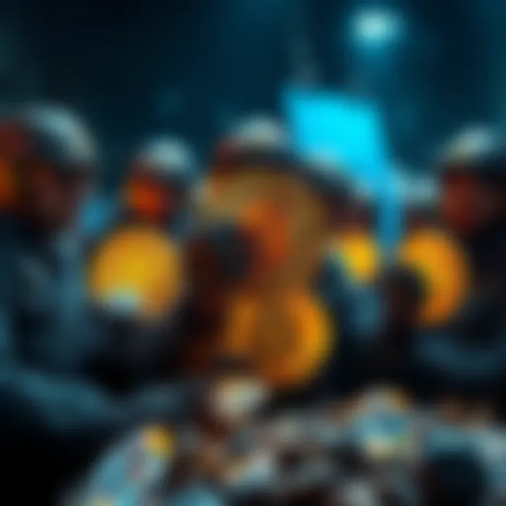 Group of miners holding Bitcoin symbols and diamond stones, showing determination and resilience during market downturns.